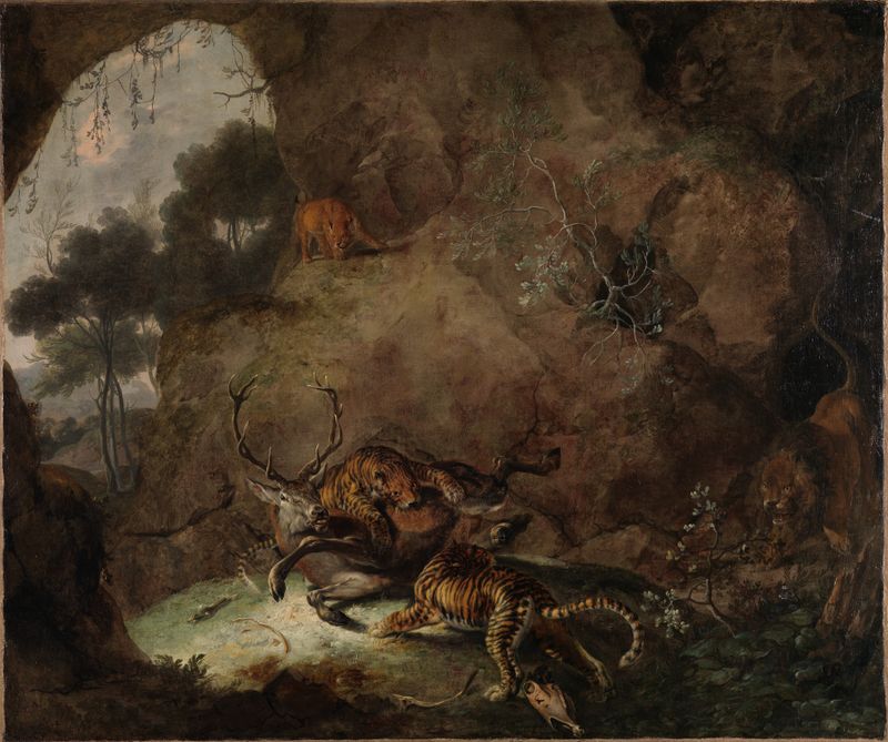 Pintura al óleo de Carl Borromäus Andreas Ruthart que muestra tigres atacando a un ciervo