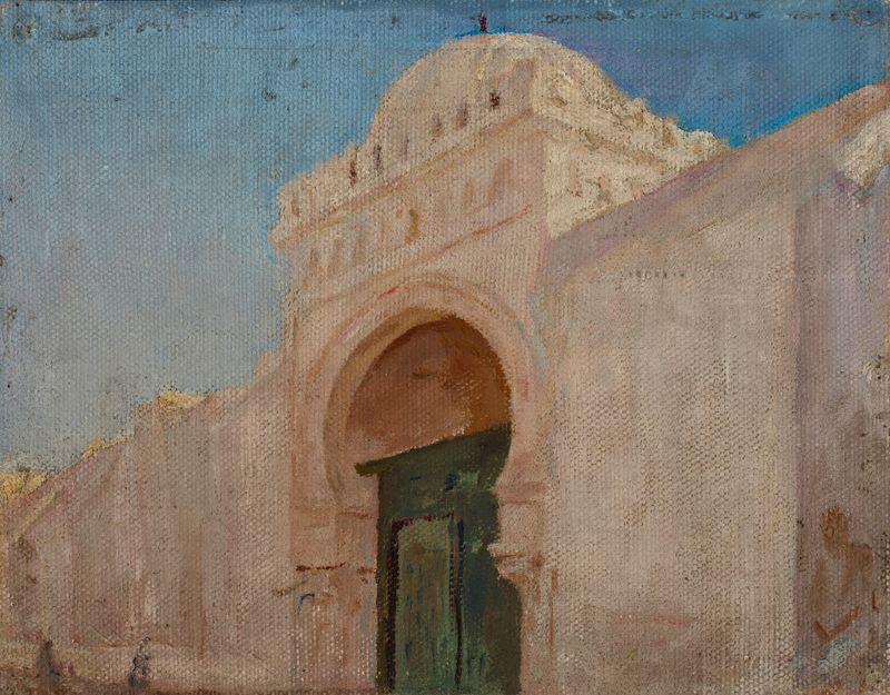 Kairouan, óleo sobre tela de Jan Ciągliński, apresentando um arco de mesquita ornamentado.