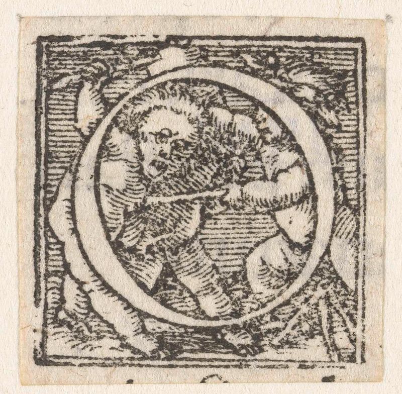 Letter O met drie vechtende kinderen de Hans Holbein, meio papel, crianças em uma briga.