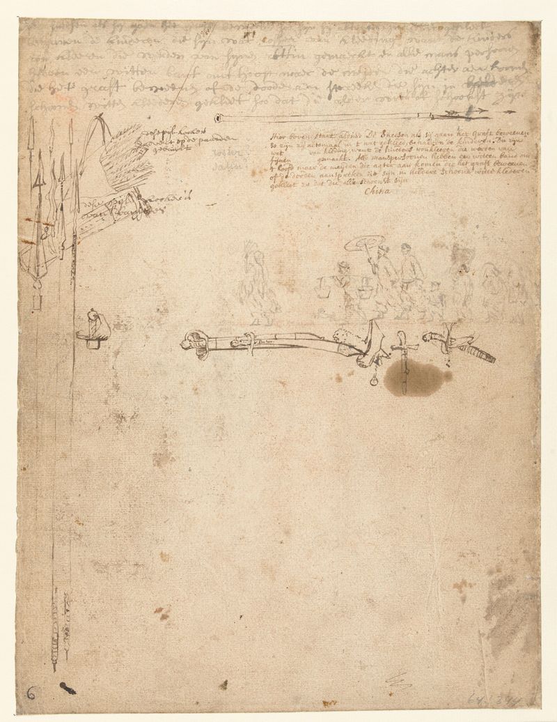 Historical drawing by Wouter Schouten featuring weapons and Chinese figures