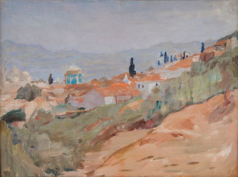 Pintura figurativa al óleo de Jan Ciągliński que muestra una figura bajo un cielo colorido en Bursa