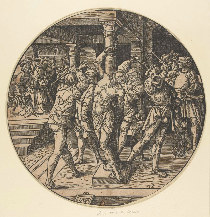 Escena religiosa que representa a Cristo atado, papel de Jacob Cornelisz van Oostsanen