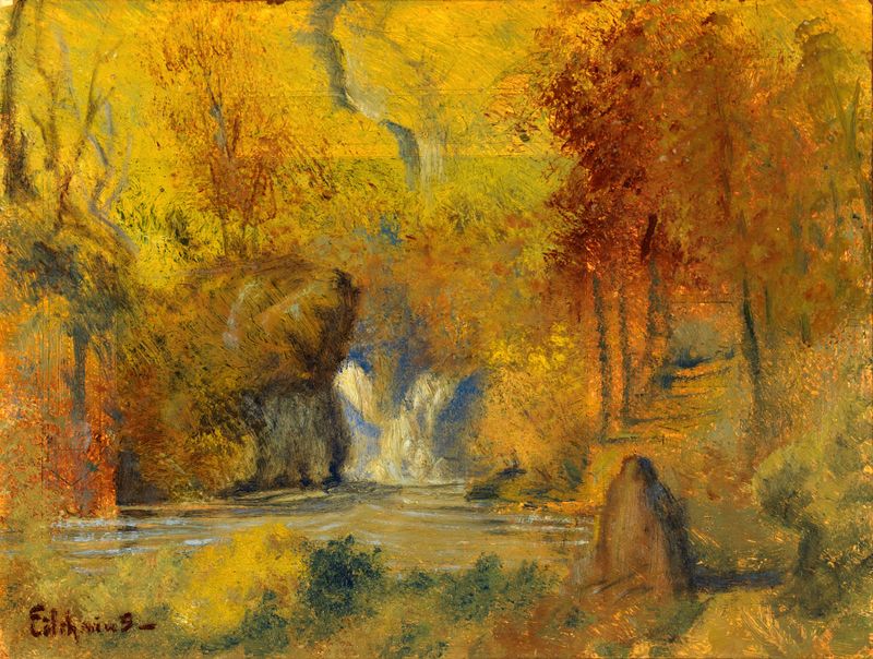 Autumn landscape by Louis Michel Eilshemius, featuring vibrant foliage and soft skies.