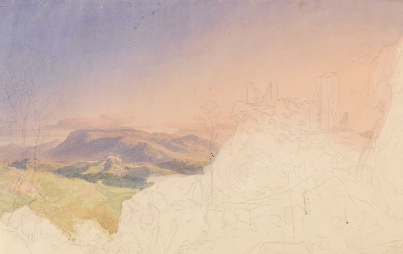 Estudio de Paisaje 3 de Ernst Fries, óleo sobre lienzo que muestra colinas distantes y vegetación.