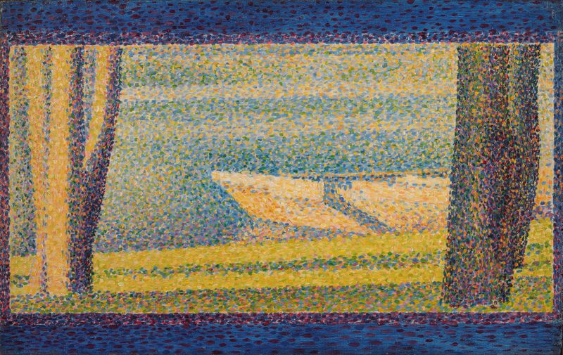 Moored Boats and Trees by Georges Seurat, oil painting depicting boats, trees, and water