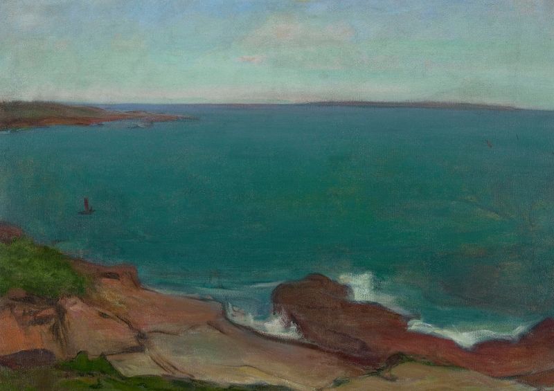 Paisaje marino con un pequeño barco de Władysław Ślewiński, pintura al óleo