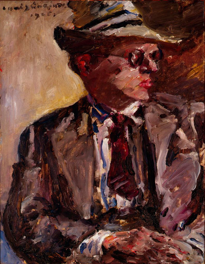 Retrato de Thomas Corinth usando um chapéu de palha, óleo sobre painel de Lovis Corinth