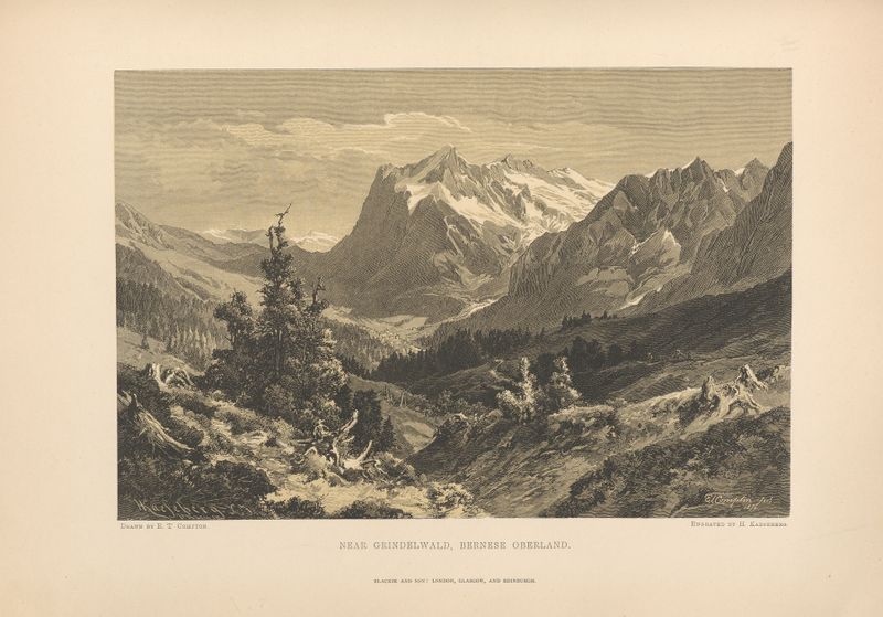 Near Grindelwald, Bernese Oberland de Theodor Gsell Fels, pintura a óleo mostrando montanhas enevoadas.