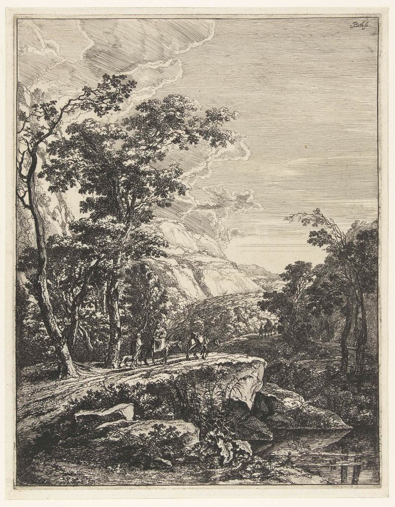 Landschap met vrouw rijdend op een muilezel langs de Aqua Negro, etching by Jan Both