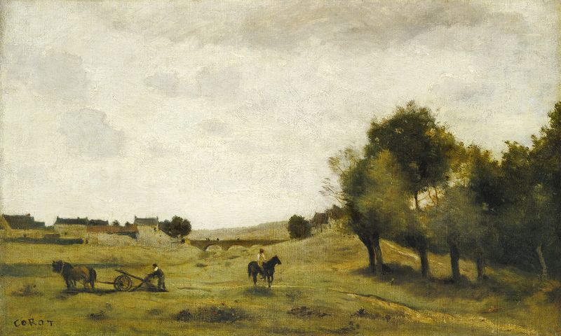 View near Epernon, óleo sobre tela de Jean-Baptiste-Camille Corot, retratando uma paisagem tranquila com árvores e luz.