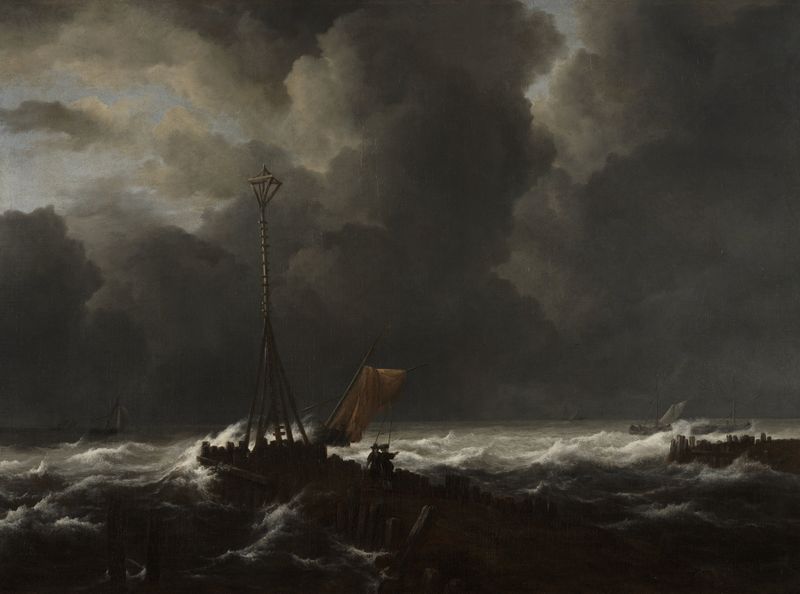 Rough Sea at a Jetty, óleo sobre tela de Jacob van Ruisdael, retratando ondas quebrando e nuvens escuras.