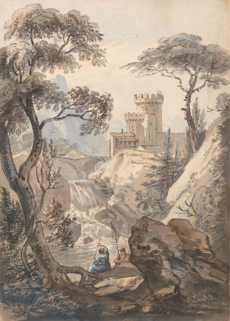 Italianate landscape with castle, waterfall, and anglers by Paul Sandby