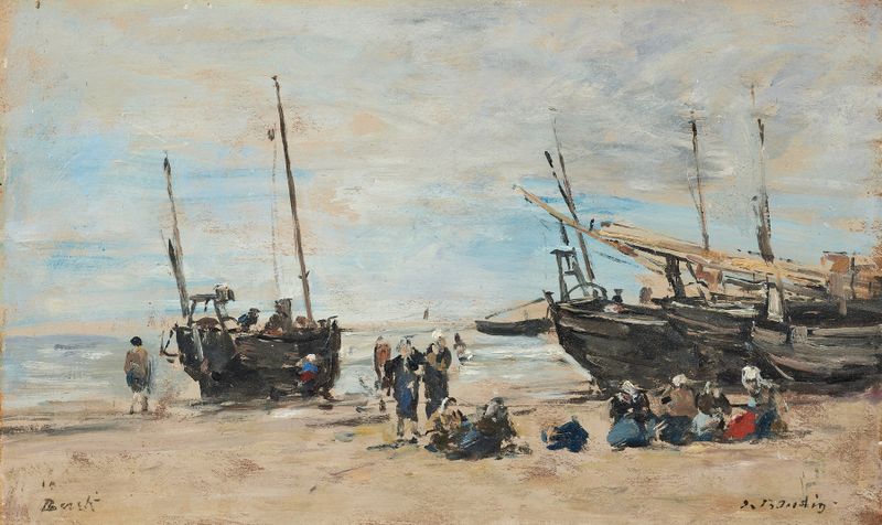 Cena marinha de La plage de Berck à marée basse de Eugène Boudin, óleo sobre tela