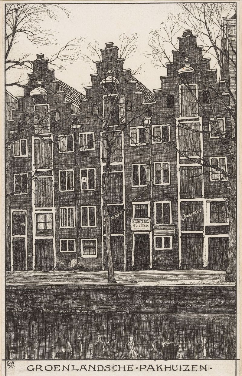 Óleo sobre lienzo de Willem Wenckebach que muestra almacenes y reflejos en Ámsterdam