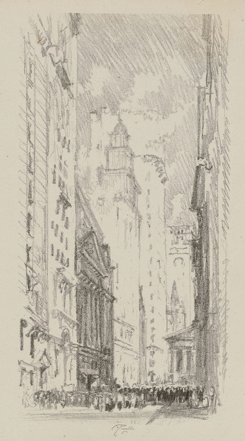 The Stock Exchange de Joseph Pennell, tinta sobre papel, apresentando uma grande estrutura arquitetônica.