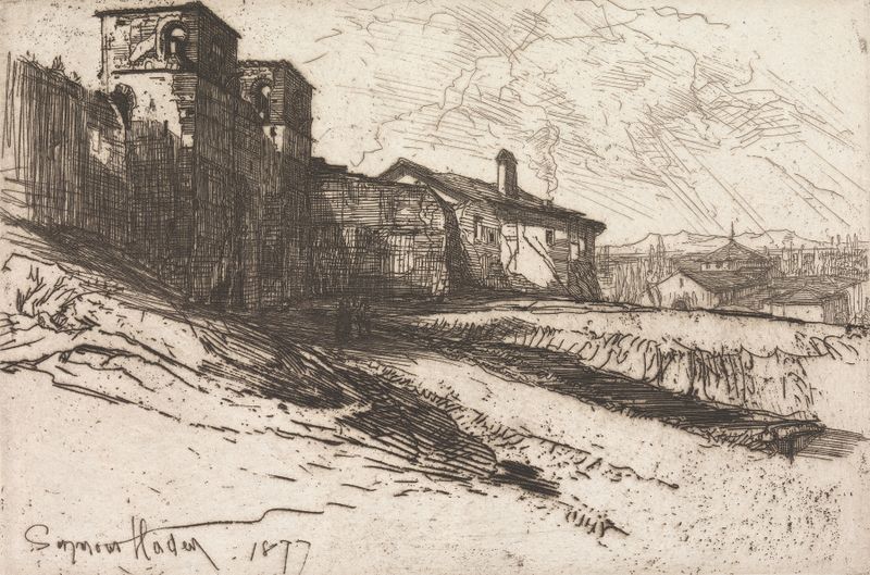 Gravura paisagística de Francis Seymour Haden mostrando uma cena árida com tons terrosos suaves.