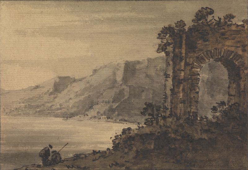 Classical Landscape with Two Figures on Lake Shore, óleo sobre tela de William Gilpin