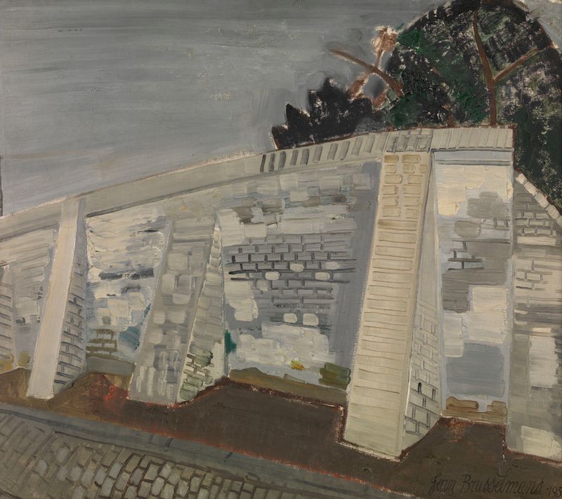 Composição abstrata com texturas brancas e cinzas, pintura a óleo de Jean Brusselmans