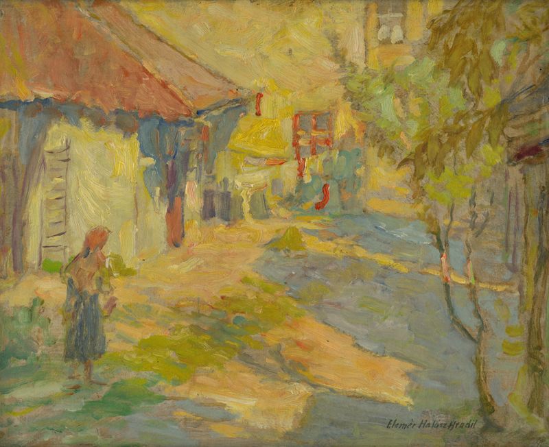 Children playing in a yard, oil on canvas by Elemír Halász-Hradil