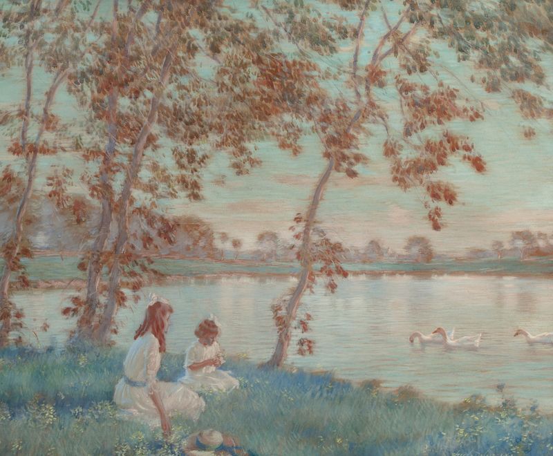 Pintura de paisaje al óleo de Edward Dufner que representa hierba verde y luz moteada
