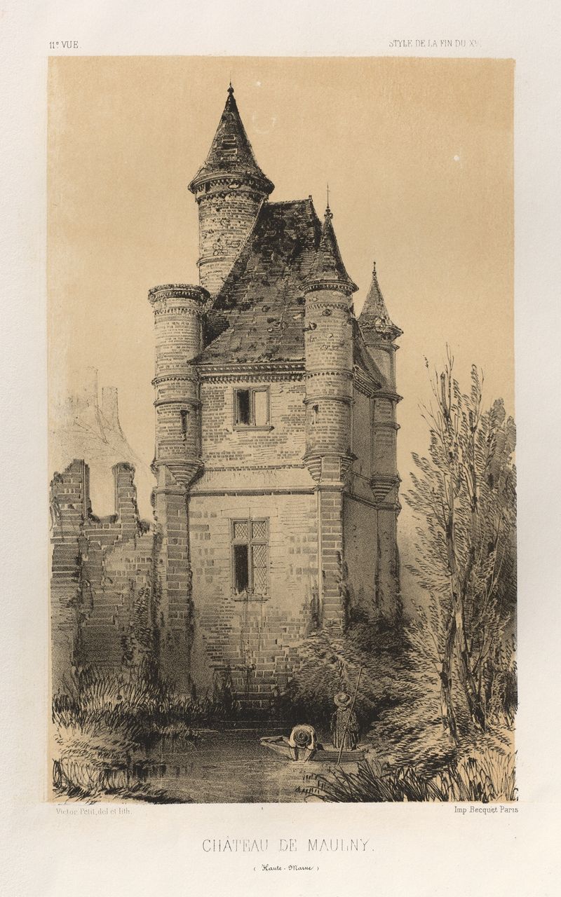Chateau De Maulny de Victor Petit, retratando um château com luz e sombras, pintura a óleo