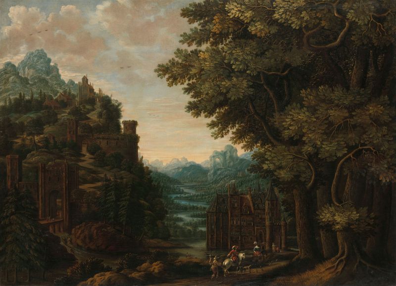 Paisaje montañoso con valle fluvial y castillo de Jan Meerhout, pintura al óleo