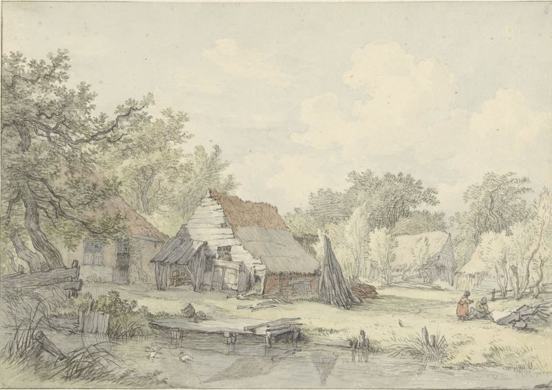 Pintura paisagística a óleo de Jan Hulswit mostrando um pôr do sol sobre um caminho sinuoso e gramíneas.
