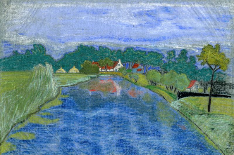 Landscape of De Leie te Astene by Pol De Mont, oil painting depicting a tranquil river.