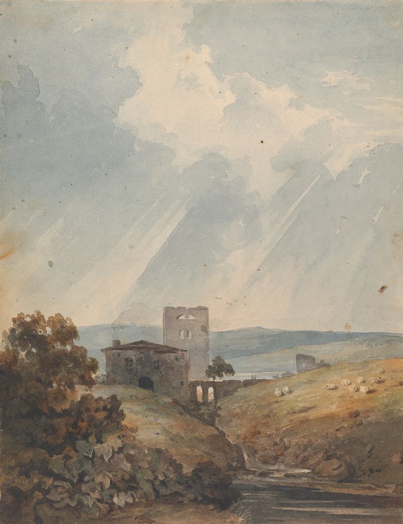 Landscape with Castle, Hills and Mountains by Thomas Sully, oil painting depicting a tranquil landscape.