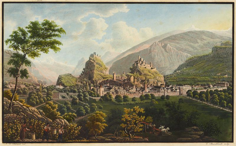 Grabado paisajístico de David Alois Schmid con colores y formas vibrantes.