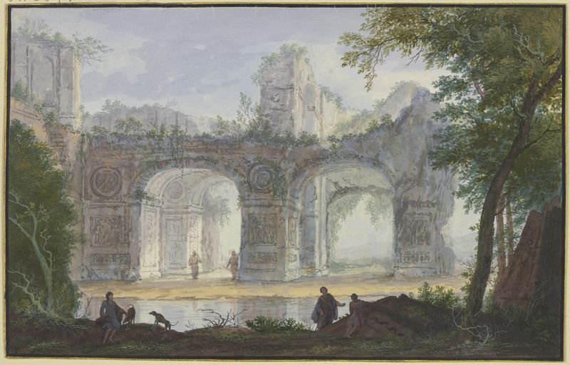 Landscape with Ancient Archway by Abraham Rademaker, oil on canvas depicting an ancient archway and lush greenery.