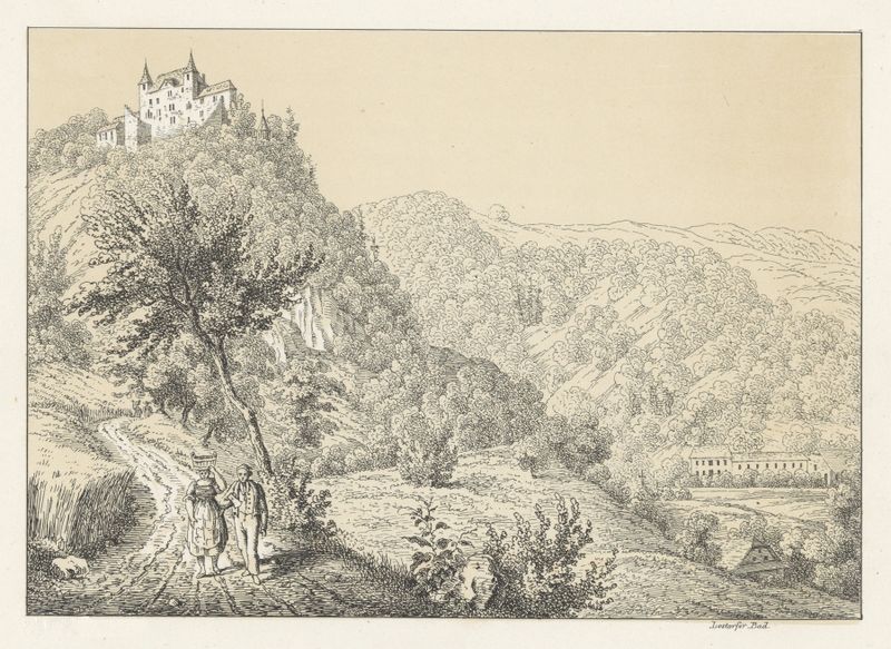 Wartenfels de Johann Friedrich Wagner, pintura a óleo que retrata um castelo contra um céu ocre ao pôr do sol.