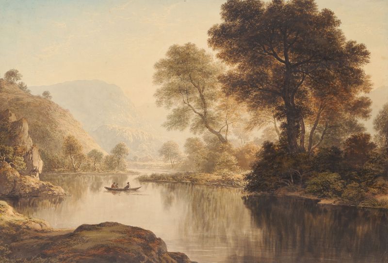 Windermere de John Glover, óleo sobre tela representando um lago tranquilo com vegetação exuberante.