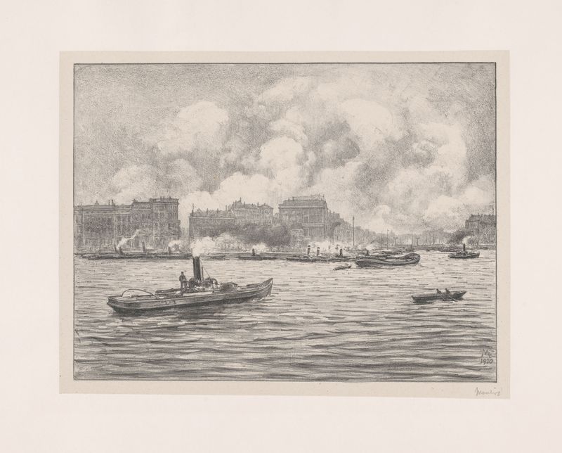 Paisagem do waterfront de Rotterdam, óleo sobre tela de Simon Moulijn