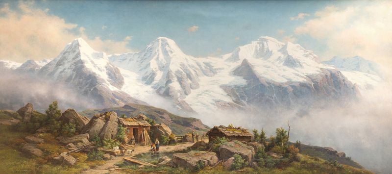 Montanhas cobertas de neve Jungfrau, Moench e Eiger, pintura a óleo de Johann Wilhelm Lindlar