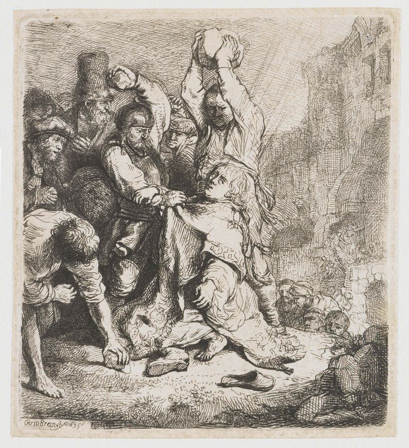 Etching by Rembrandt van Rijn showing Stephen being stoned by a crowd.