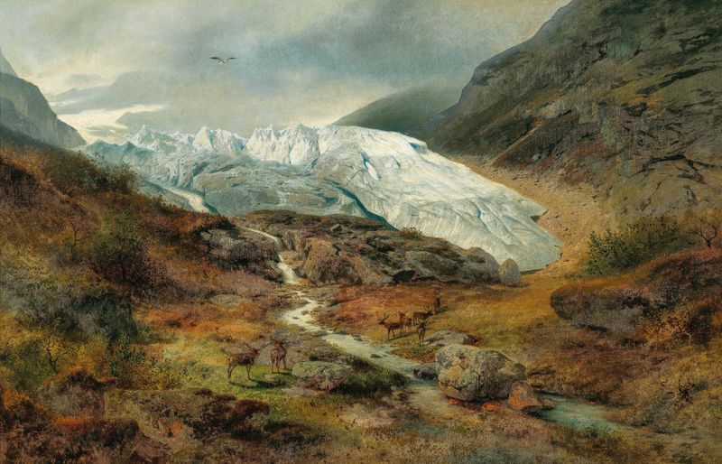 Gletscherlandschaft de Hermann Ottomar Herzog, óleo sobre tela que retrata uma paisagem de glaciar.