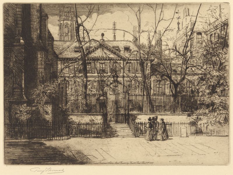 The Temple, London by Percy Thomas, Victorian architecture with intricate details in oil painting.