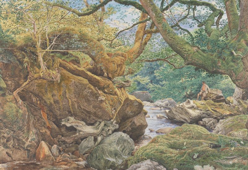 Pintura al óleo de Sir Joseph Noel Paton que representa colinas y un lago.