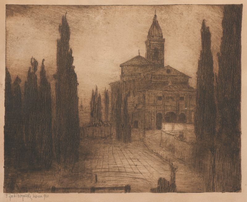 Cipreses cerca de Siena, óleo sobre lienzo de Feliks Jabłczyński, que representa cipreses bajo un cielo dramático.