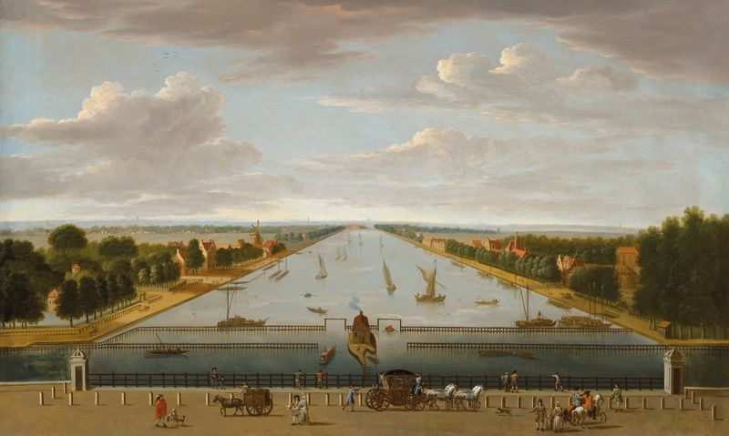 Landscape of the Amstel River with boats, oil on canvas by Dutch School