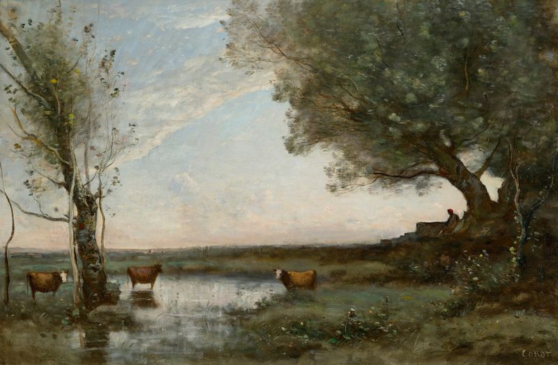 Paisaje de Jean-Baptiste-Camille Corot, pintura al óleo con vegetación exuberante y árboles