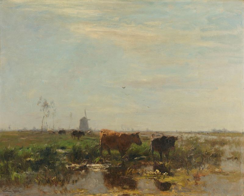 Meadow with cows by the water, oil on canvas by Willem Maris