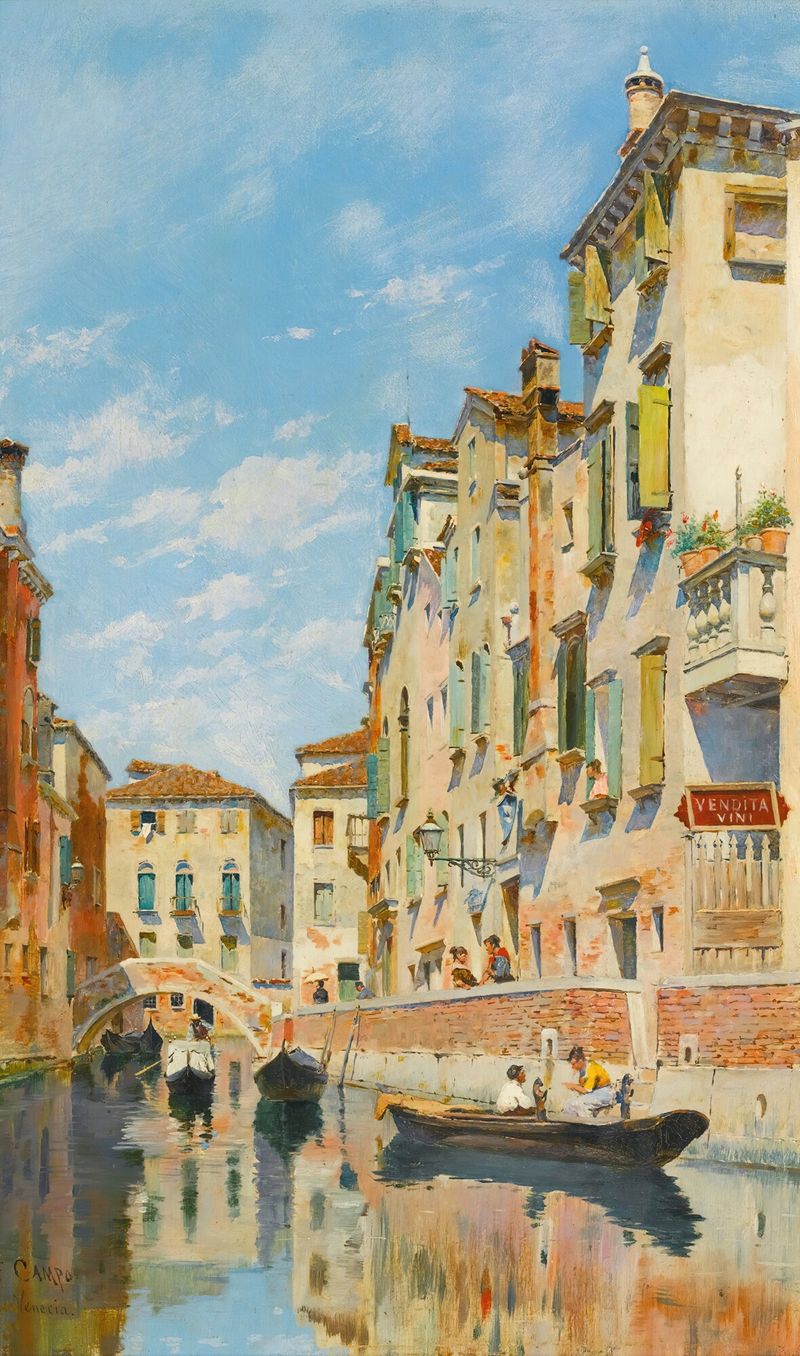 Gondolas on a Venetian canal, oil on canvas by Federico del Campo