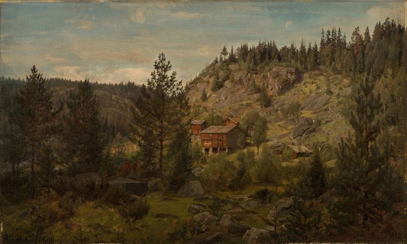 Aadal. Vinje, Telemark de Amaldus Nielsen, óleo sobre lienzo que muestra montañas y un valle tranquilo.