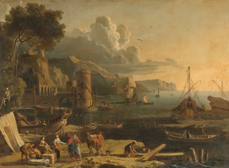 Mediterranean Port Scene by Adrien Manglard, depicting a lively harbor with boats and sunlight.