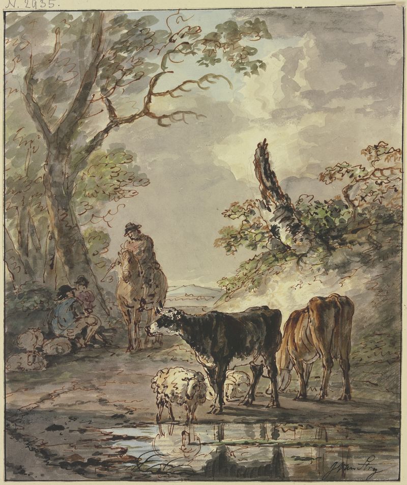 Escena de género de pastores descansando bajo un árbol junto al agua, pintura al óleo de Jacob van Strij.