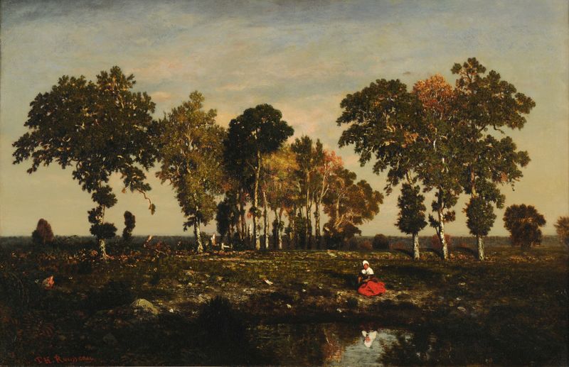 La Mare by Théodore Rousseau, oil painting of a tranquil pond with reeds and sunset.