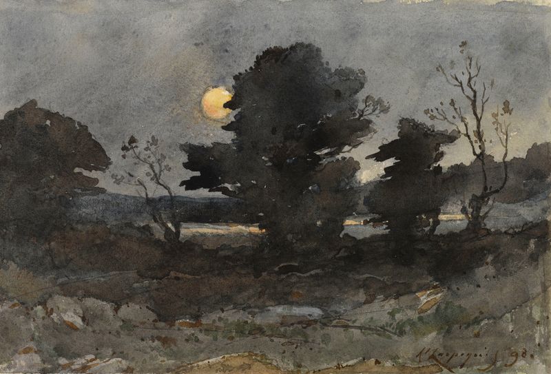 Clair de lune de Henri-Joseph Harpignies, impressionismo, refletindo o crepúsculo na água.