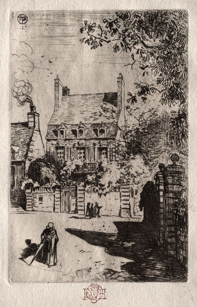 Pintura al óleo de realismo de Félix Hilaire Buhot que representa una casa con tonos tierra.